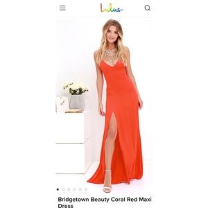 Lulu’s Bridgetown Beauty Coral Red Maxi Dress
